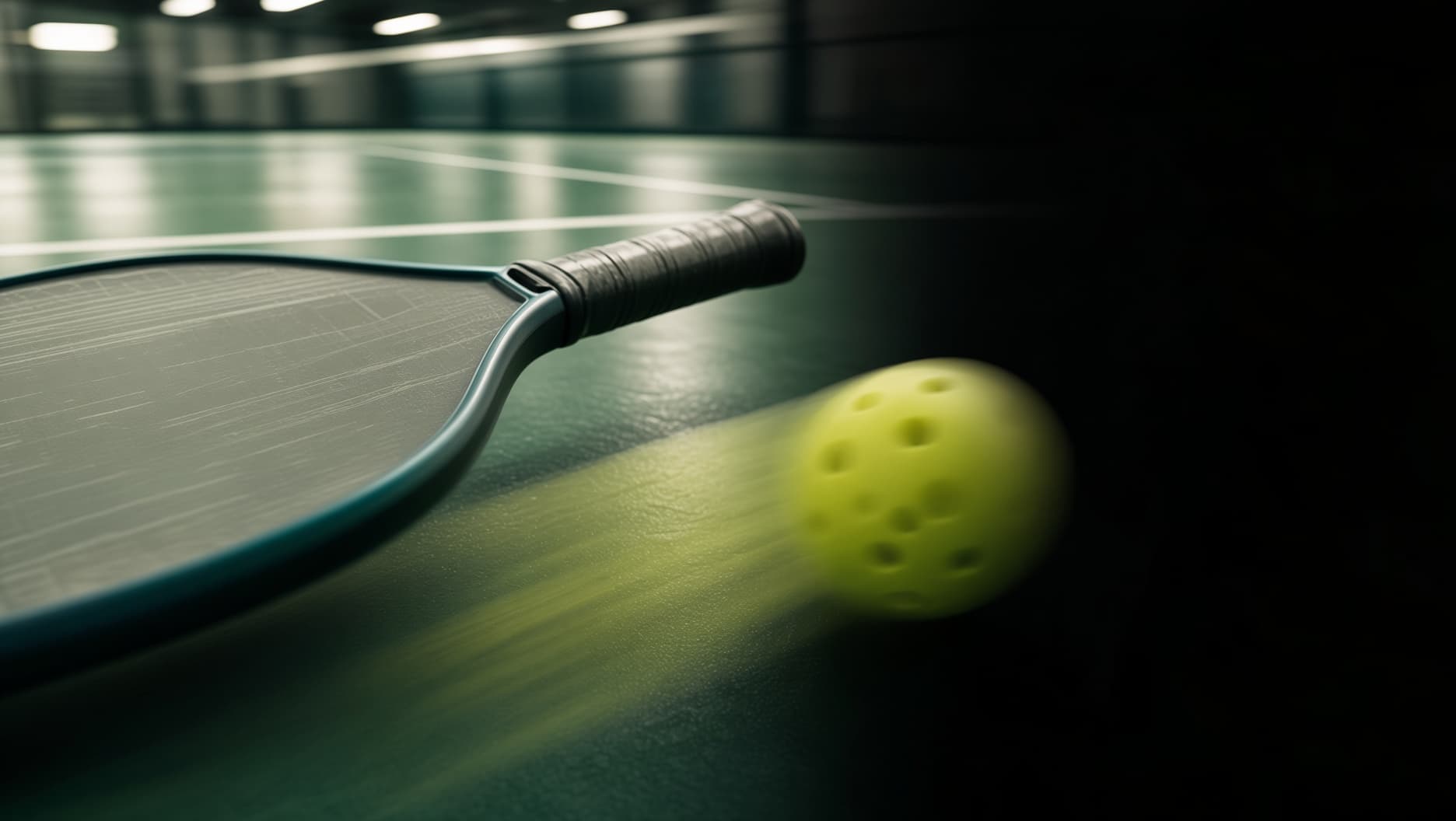 Palette et balle de pickleball sur un terrain du Hangar